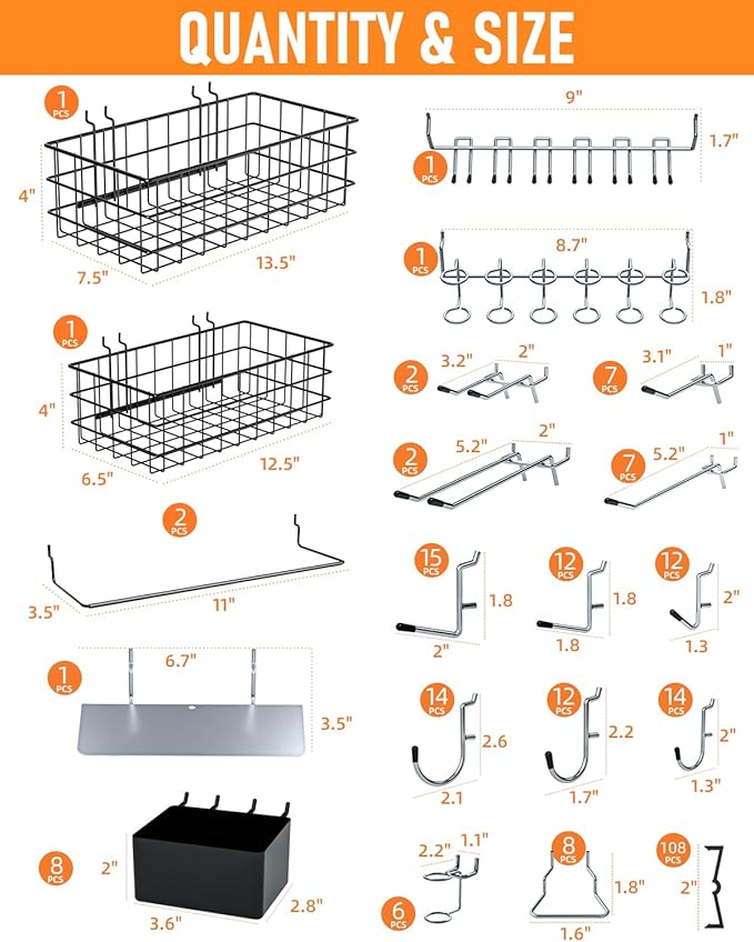 INCLY 238PCS Pegboard Accessories Organizer Kit, Peg Board Hooks Assortment with Peg Bins, Baskets, Paper Towel Holder for 1/8 and 1/4 inch Pegboard Hanging Tools, Garage Wall Storage Attachments