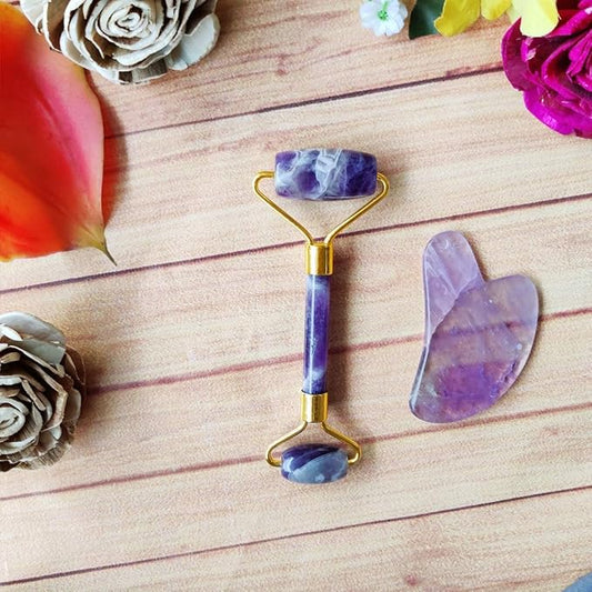 Amethyst Massage Roller and Gua sha Set | Reduces Wrinkles, Fine lines and Dark Circles | Pink Jade Roller | Anti-aging Massager for Skin Toning and Tightening for Face, Eyes, Neck-VeraVaultWomen