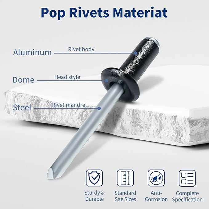 560 Pcs 14 Sizes Pop Rivets Assortment Kit, Aluminum Rivets, 3/32" 1/8" 5/32" 3/16" 1/4" Blind Rivets for Metal, Dome Head rivet kit(Black)