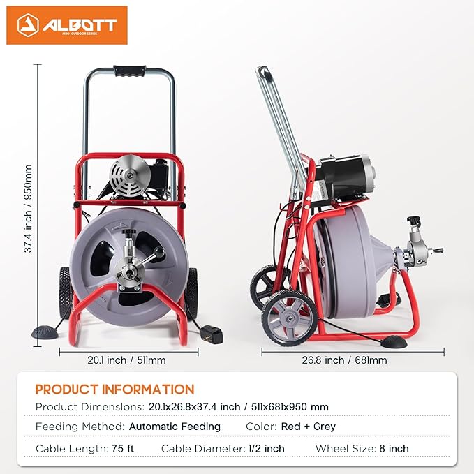 Albott 75 FT x 1/2 inch Electric Drain Cleaner Machine with Auto-Feed & 9 Cutters, Sewer Snake Auger for 1–4 Inch Pipes, Foot Switch & Wheels, Ideal for Home & Commercial Use, Grey/Red