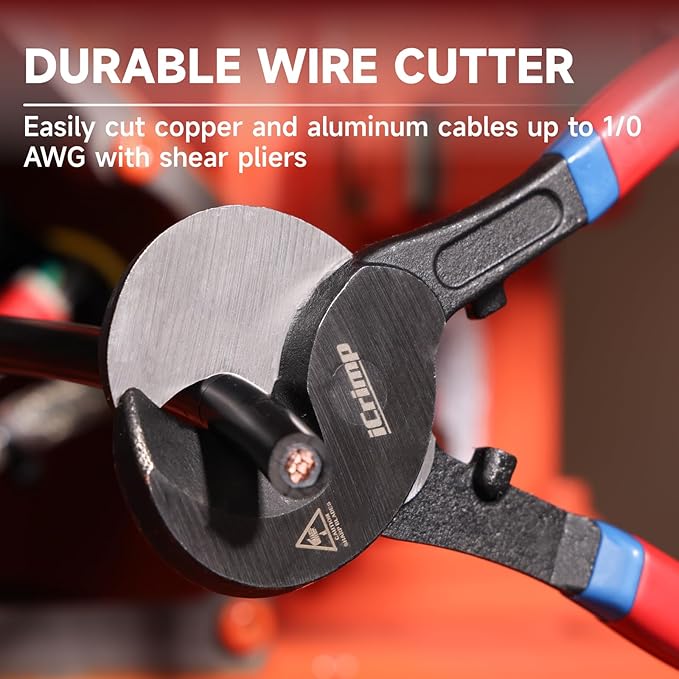 iCrimp Battery Cable Lug Crimping Tool Kit For Copper Lugs Awg 8-1/0,Battery Cable Crimper with Stripper 24pcs Copper Battery Lugs and 10pcs Heat Shrink Tubes, Include Wire Cutter