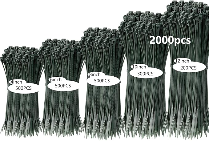 2000 PCS Zip Ties Assorted Sizes 4+6+8+10+12 Inch Self-locking Nylon Cable ties Outdoor, UV Resistant Wire Straps for Home Office Garden Workshop Indoor Outdoor Fence(garden green)