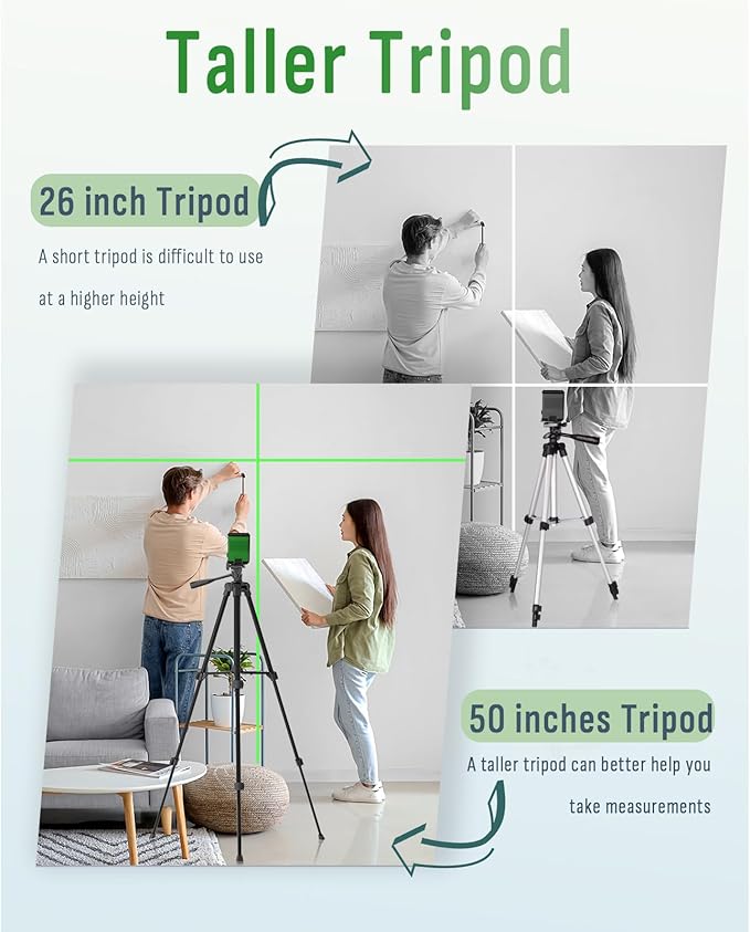 Laser Level with 50” Tripod, 360° Self Leveling Cross Line Laser Level, Green Beam Horizontal and Vertical Line leveler Tool for Hanging Pictures, Home Renovation with 4 AA Batteries & Carry Pouch