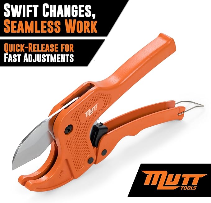 Mutt Tools Professional 1.5” PVC Pipe Cutter Tool - Heavy-Duty Ratcheting Plastic Pipe Cutter for PVC, CPVC, PEX – Cuts up to 1.5 Inch OD – Plumbing Cutting Tool for Home and Pro Use