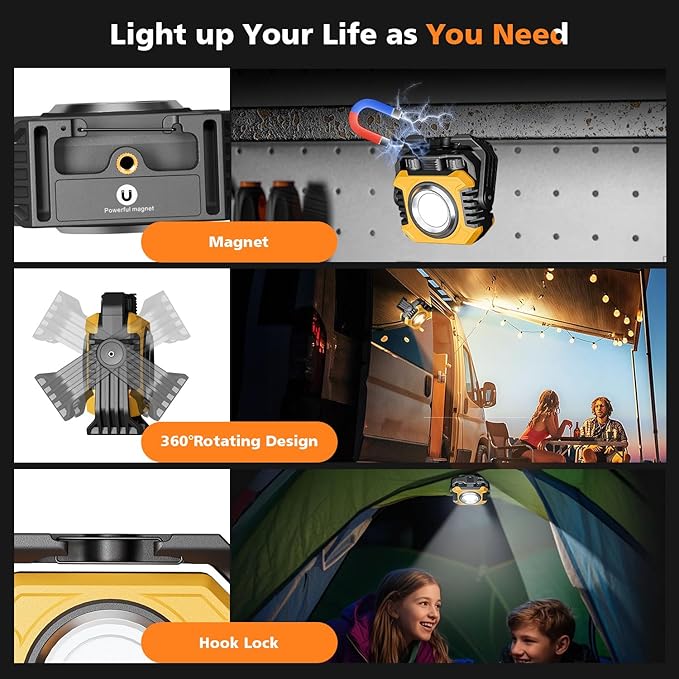Samyoung 2 Pack 2400LM Magnetic Rechargeable Work Light, 28 Hours Long Lasting Stepless 2700-8000K White & Warm Bright Portable LED Work Light, Ultralight 360°Rotating with Hook(Yellow)