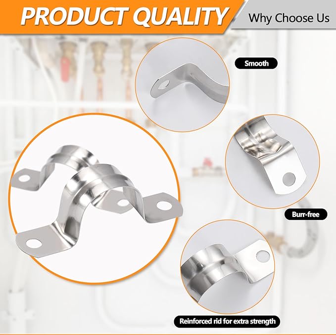 60PCS M25 Stainless Pipe Strap, 1 Inch Stainless Steel Conduit Clamps, 2 Hole Strap U Bracket Rigid Pipe Strap Metal U Clamp Conduit Strap Tension Clips U-tube Pipe Clamps（25mm）