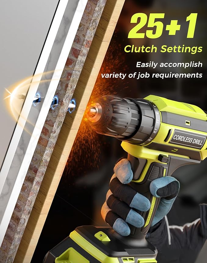 Cordless Drill, 20V MAX Power Drill Set with Dual Power Pack & Charger, 3/8 Inch Keyless Chuck, Variable Speed, 25+1 Position and 56PCS Bits/Screws, Power Tools for Home Projects