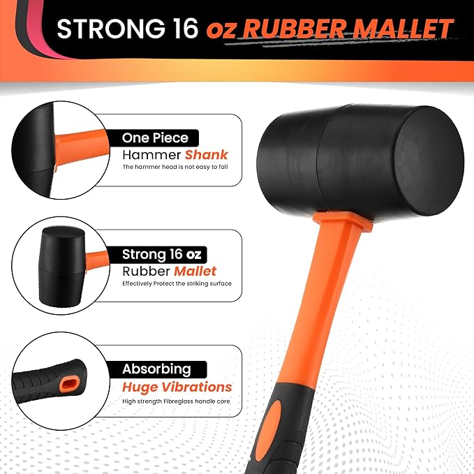 2 Pack Rubber Mallet Hammer Set, 16oz & 35mm Dual Faced Small Hammer with Fiberglass Handle, Rubber Mallet for Camping, Tiles, Tent Stakes, Woodworking, and Flooring