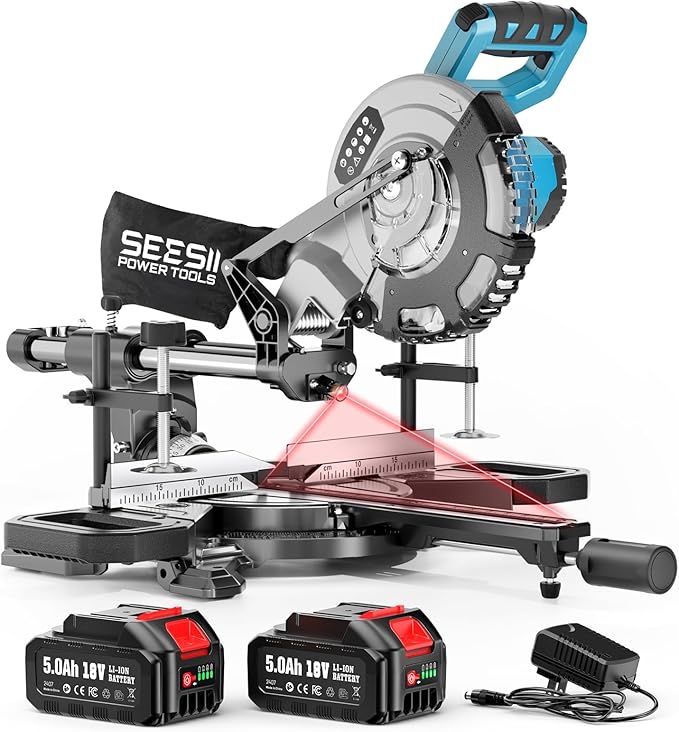 SEESII Sliding Compound Miter Saw: Cordless Power Miter Saw with Laser Guide 8-Inch, 2 * 5000 mAh Batteries, Single Bevel 45°, 24T TCT Blade, Max Cut 2.5×12-inch, Ideal for DIY & Woodworking