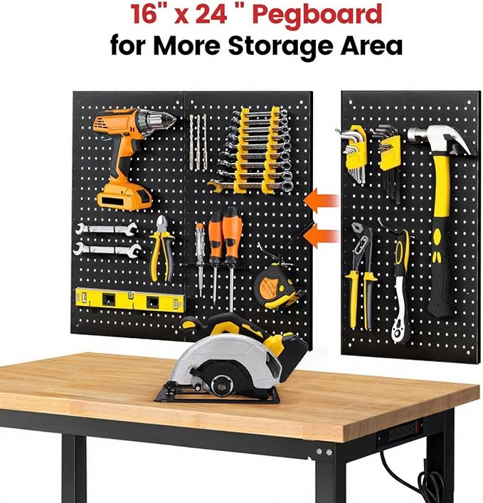 Workbench with Double Layers 48 x 20 Inch Heavy Duty Rubberwood Tabletop Work Table for Garage Adjustable Height Work Bench with Power Outlets Pegboard Pad for Woodworking Shop, Home, Office
