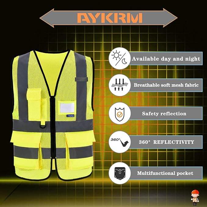 A-SAFETY High Visibility Mesh Safety Reflective Vest with Pockets and Zipper,Hi Vis Viz Reflective Safety Vest(Yellow Mesh S)