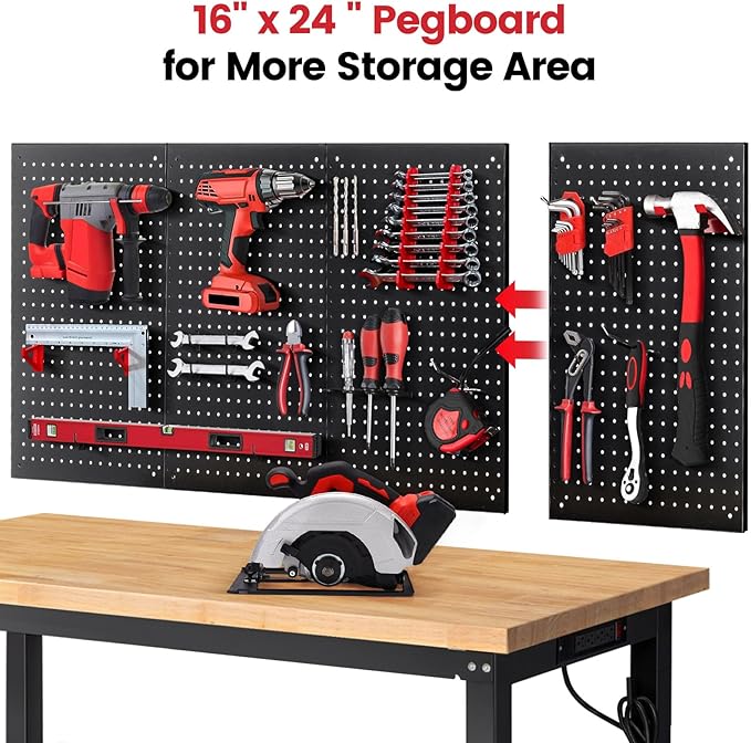 Adjustable Height Work Bench 60x 22 Workbench for Garage Work Table with Under Table Shelf for Shop Woodworking, Heavy Duty Rubber Wood Top for Office, Home, Commercial