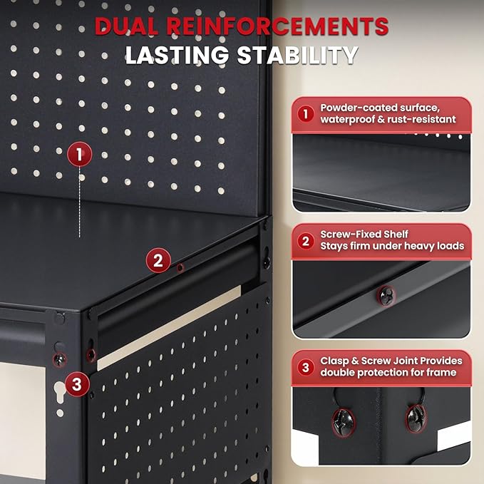 Workbench with Dual Pegboards 3-Tier Adjustable Rolling Work Table Heavy Duty Metal Tool Bench with Push Handle & Wheels Mobile Workstation for Garage, Workshop, Warehouse