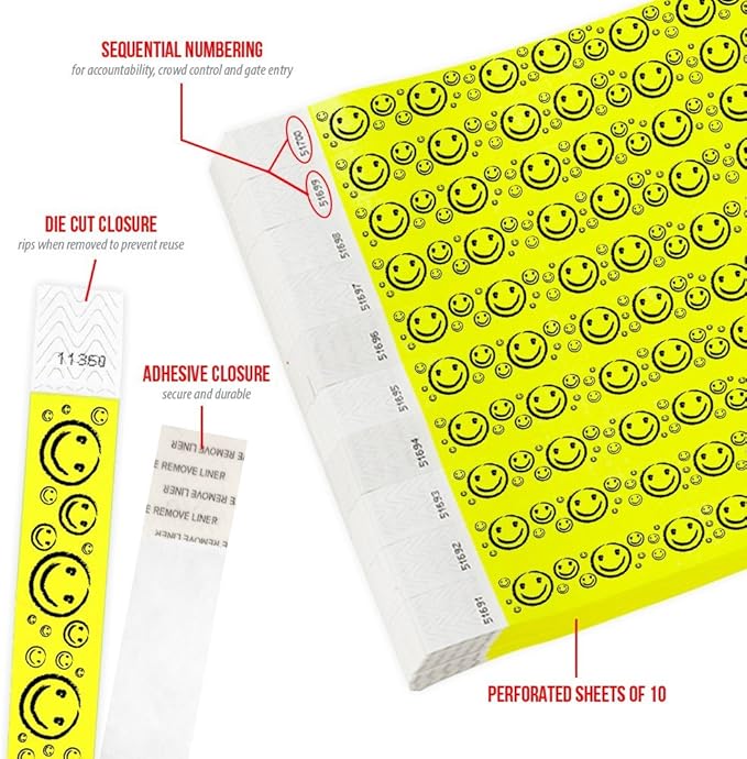 500 WristCo Yellow Smiley Face Tyvek Wristbands for Events - ¾” x 10” - Waterproof Recyclable Comfortable Tear Resistant Paper Bracelets Wrist Bands for Concerts Festivals Admission Party
