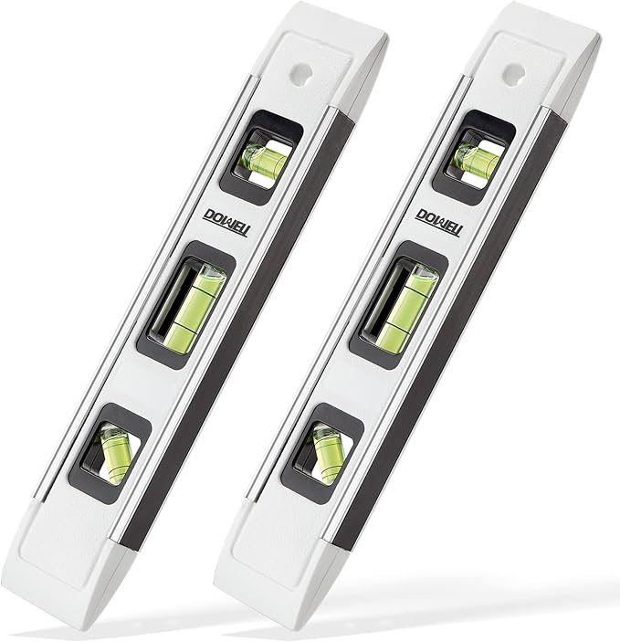 DOWELL Magnetic Torpedo Level Mini Bubble Level Box Spirit Level Alloy Frame 180/90/45 Degree 9-Inch (2, White)