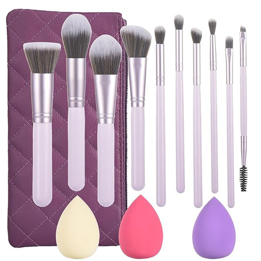 10 Piece Purple Makeup Brushes Set and 3 Piece Makeup Sponge - Wooden Handle with Soft Synthetic Bristles, for Face & Eye Makeup | Professional Cosmetic Brushes | Includes Travel Pouch-VeraVaultWomen