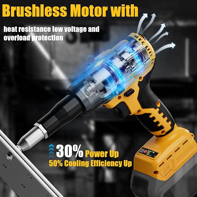 Rivet Gun Compatible with Dewalt 20V Battery, Cordless Rivet Tool with 3 Size (1/8", 5/32", 3/16") Aluminum Rivets, Brushless Motor Rivet Gun Kit Nose Piece, Led Light, Tool Only