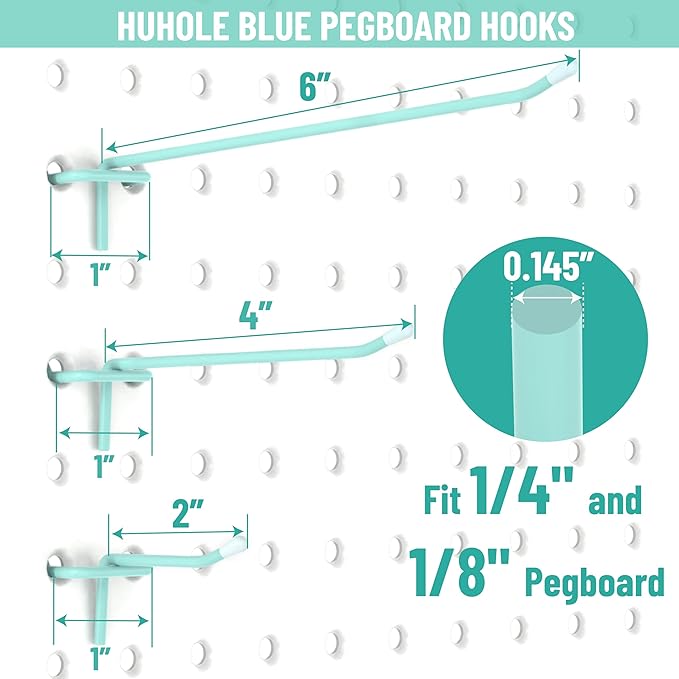 HUHOLE Pegboard Hooks 2 Inch 50PC, Blue Peg Board Hooks, Fit 1/4" or 1/8" Pegboard, Ideal Peg Board Organizer Accessories for Garage Tool Organization, Wall Storage (Blue, 2 Inch)