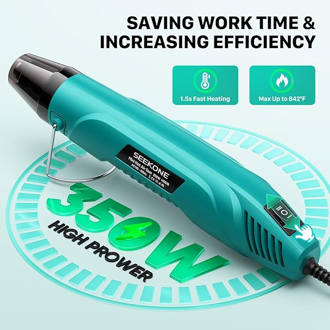 SEEKONE 350W Mini Heat Gun, Dual-Temp Model 500℉ & 842℉（260℃ & 450℃）Fast Heat Hot Air Gun with Overheat Protection and Reflector Nozzle for Heat Shrinking Tubes, Shaping, PVC Tubing（4.9FT）