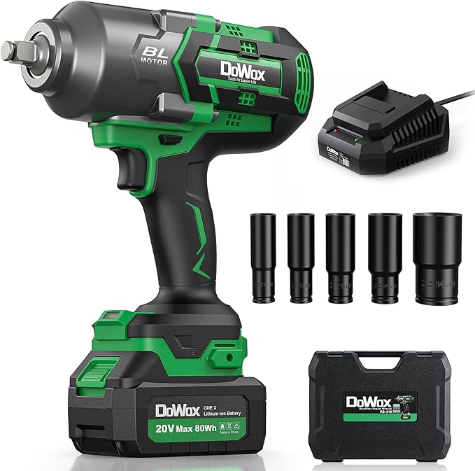 Cordless Impact Wrench 1/2 Inch, High Torque 1200 Ft-lbs Brushless Impact Gun, 20V Power 4.0 Ah Battery, Fast Charger, 5 Pcs Sockets and Tool Box Kit