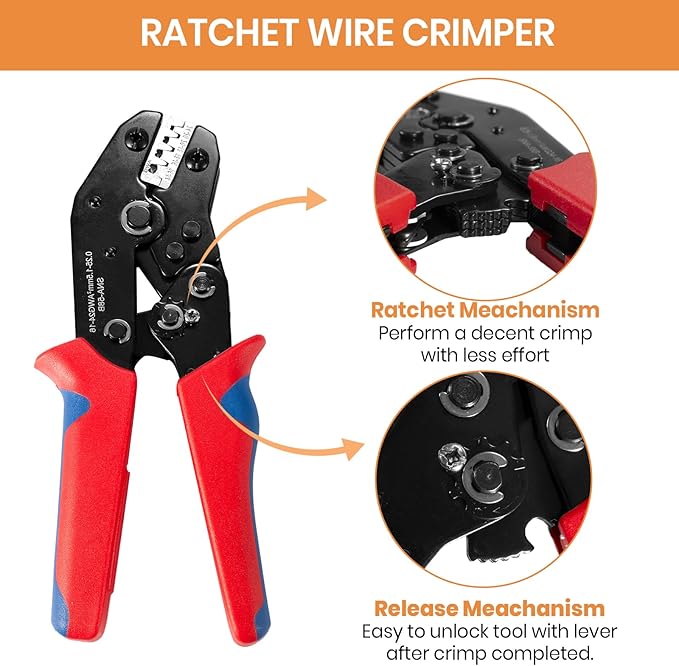 Wire Crimping Tool with Ratchet, Amliber Ratchet Wire Crimper Tool for Open Barrel Terminal Connectors, Electrical Crimping Tool for Deutsch DELPHI AMP Dupont TYCO Terminals, 24-14 AWG