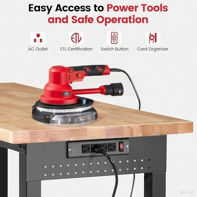 Workbench with Wheels 60 x 22 Heavy Duty Rubberwood Tabletop Work Bench Adjustable Height Garage Work Table with Under Table Shelf, Sided Pegboard, Power Outlets for Home Office