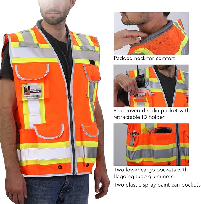 Dib Safety Reflective Vest Heavy Duty, High Visibility Two Tone Engineer Vest, Made with 3M Tape, Padded Collar, Retractable ID Pocket, Orange 3XL