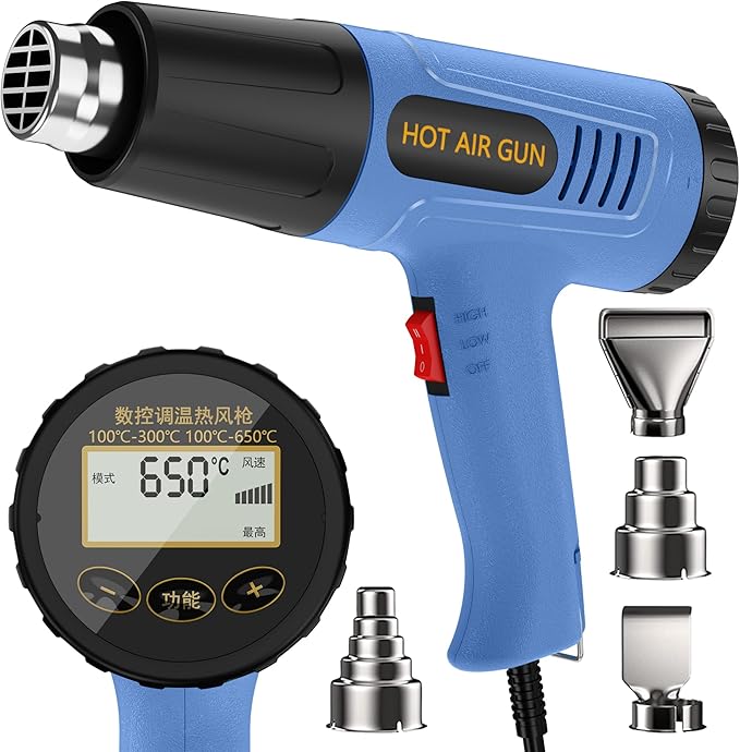 Heat Gun for Vinyl Wrap,Shrink Tubing,Paint,Epoxy Resin,Candle Making,Adjustable Temperature,Overload Protection Hot Air Gun Kit Nozzles(Rear Temp Display + Precision Button Temp Control)