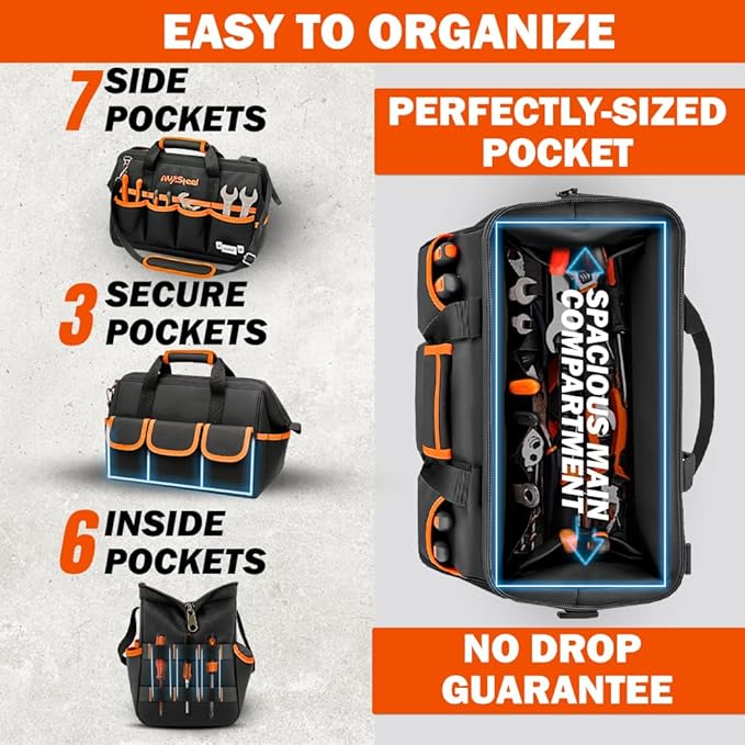 15 Inch Tool Bag with 16 Pockets Foldable Close Top Wide Mouth Tool Bag Organizer with Handle & Padded Adjustable Strap, Heavy Duty, Waterproof