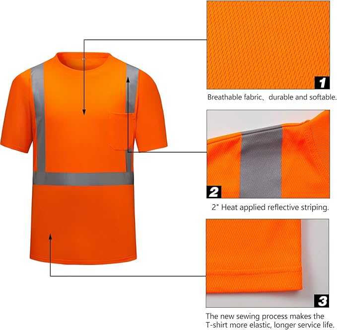 High Visibility Shirts Quick Dry Safety T Shirts with Reflective Strips and Pocket Short Sleeve Mesh Hi Vis Construction Work Class 2 Shirt for Men/Women Orange,2XL
