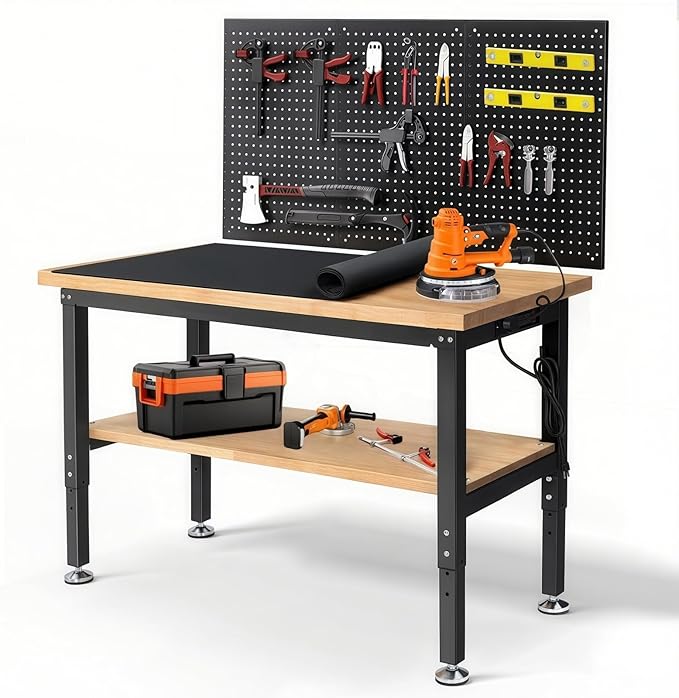 Workbench with Double Layers 48 x 20 Inch Heavy Duty Rubberwood Tabletop Work Table for Garage Adjustable Height Work Bench with Power Outlets Pegboard Pad for Woodworking Shop, Home, Office