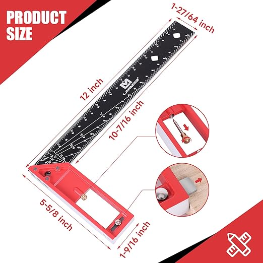 12 Inch Framing Carpenter Square, Woodworking Square Ruler, Try Square Tool, L Square Ruler, Layout Tool, Right Angle Ruler with Retractable Ledge and Scribe Mark Pin