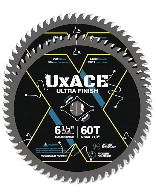 6-1/2-Inch 60-Tooth Circular Saw Blade with 5/8-Inch Arbor, Ultra Finish Wood Cutting, Carbide Tip, Thin Kerf, for Plywood, MDF, OSB, Laminated, 2 Pack