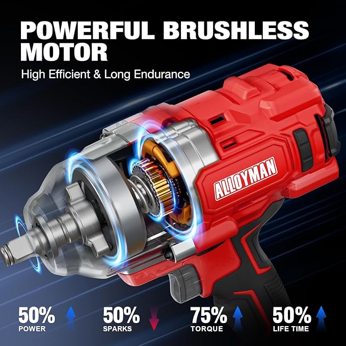 Alloyman Cordless Impact Wrench, 1475Ft-lbs (2000N.m) 1/2 High Torque Brushless Impact Gun, 20V Power Impact Driver, 4000mAh Battery,3 Sockets, Brushless Motor Variable Speeds for Car/Truck RV/Mower
