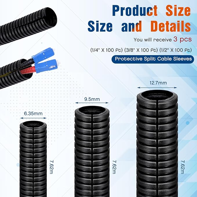 Sasylvia 1/4", 1/2", 3/8" x 25 Ft Split Wire Loom Tubing Wire Loom Assortment Split Cable Sleeves Bulk Flexible Electrical Conduit Protective kit