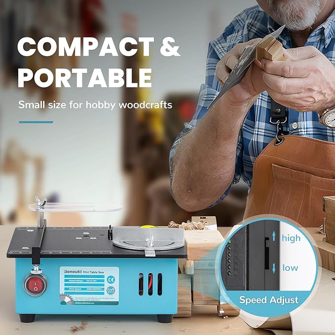 Mini Table Saw, 96W Dual Motor Control 4 Blades Set Cut Thickness 12MM 0-90° Adjust Small Table Saw for Hobby DIY Model Wood Cutting