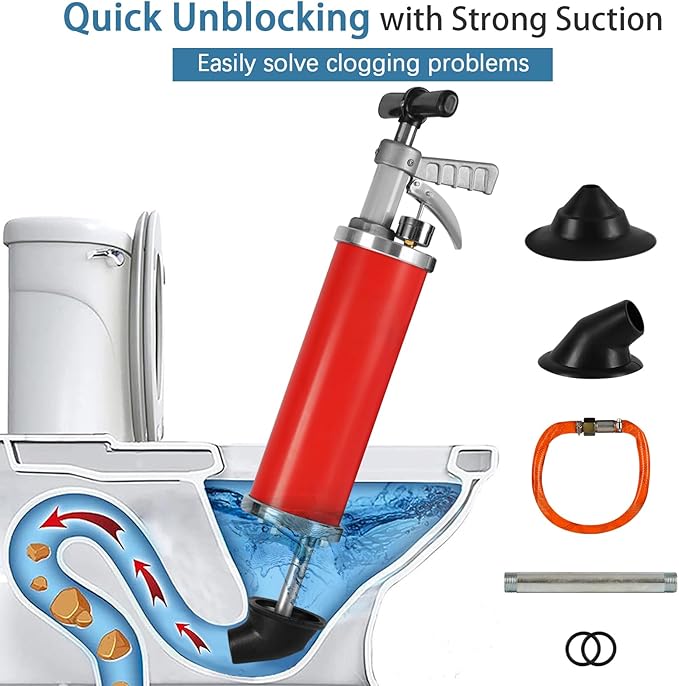 Portable High Pressure Kinetic Toilet Plunger Air Drain Blaster Pump for Bath Toilets Bathroom Shower Kitchen Clogged Pipe (Red)