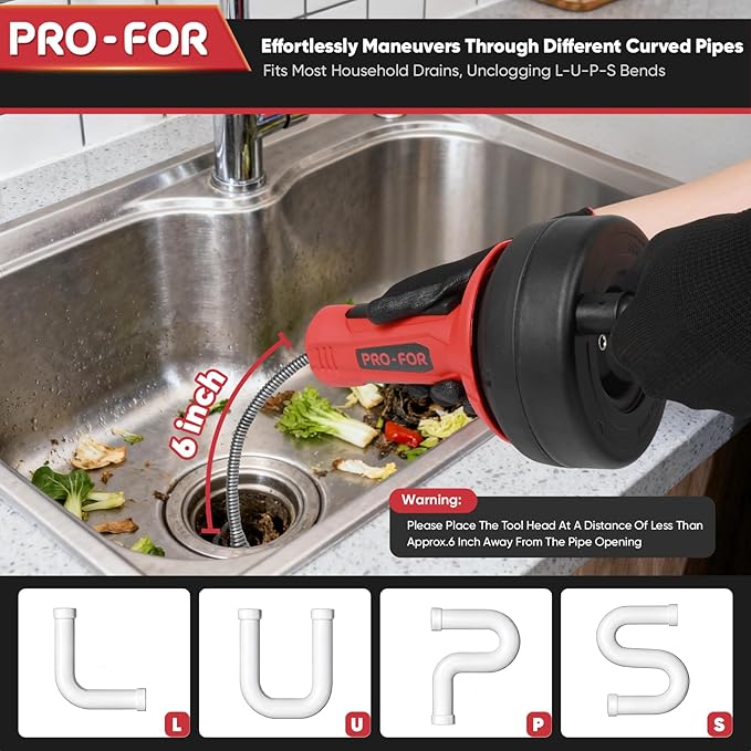 PFO-FOR Drain Auger for 3/4"-2" Pipe, Plumbing Snake Hair Drain Clog Remover, 16.5 ft Cable Unblocking Hand Auger Cleaner Tools, Manual Or Powered for Sink Kitchen Bathroom Shower Bathtub