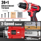 GardenJoy Cordless Power Drill Set: 12V Electric Drill with Battery and Charger, 65pcs Acessories, 3/8"Keyless Chuck, 2 Variable Speed, 24+1 Position, Compact Drill Driver Kit for Home & DIY Project