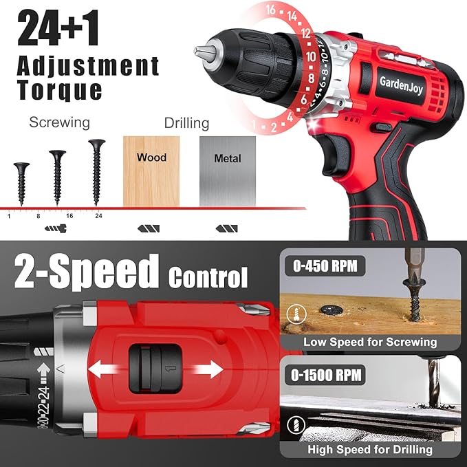 GardenJoy Cordless Power Drill Set: 12V Electric Drill with Battery and Charger, 65pcs Acessories, 3/8"Keyless Chuck, 2 Variable Speed, 24+1 Position, Compact Drill Driver Kit for Home & DIY Project