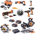 Evolution Cordless 8-Tool Combo Kit | 7-1/4 Sliding Miter Saw, 6-1/2 Circular Saw, Reciprocating Saw, Drill, Impact Driver, Multi-Tool, Vacuum & Torch Light | 2Ah & 4Ah Batteries, Charger