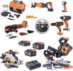Evolution Cordless 8-Tool Combo Kit | 7-1/4 Sliding Miter Saw, 6-1/2 Circular Saw, Reciprocating Saw, Drill, Impact Driver, Multi-Tool, Vacuum & Torch Light | 2Ah & 4Ah Batteries, Charger