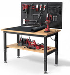 48 Inch Work Table for Garage Adjustable Height Rubber Wood Tabletop Workbench with Storage Work Bench Table with Power Outlets Pegboard Pad for Woodworking Shop Home Office