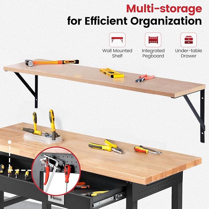 Work Bench for Garage with Shelf Bracket 60 x 22 Inch Heavy Duty Rubberwood Tabletop Work Table Adjustable Height Workbench with Drawer, Power Outlets for Woodworking Shop, Home, Office