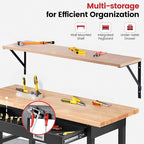 Work Bench for Garage with Shelf Bracket 60 x 22 Inch Heavy Duty Rubberwood Tabletop Work Table Adjustable Height Workbench with Drawer, Power Outlets for Woodworking Shop, Home, Office