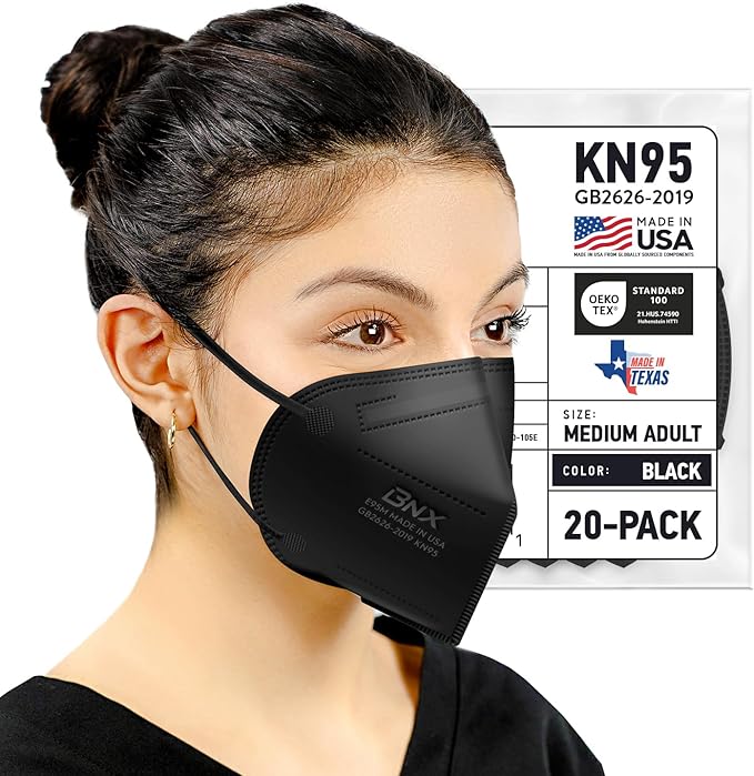 BNX KN95 Face Masks Made in USA (Adult Large, Adult Medium, Kids Small) (Earloop) (Model: E95/E95M/E95S)