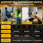 YEARTOP Cordless Rivet Tool for De-Walt 20V Max Battery, Electric Rivet Tool Kit for 3 Size (1/8'', 5/32'', 3/16") Rivets, Blind Pop Rivet Gun with 100PCS 5/32'' Rivets for Metal, Plastic(No Battery)