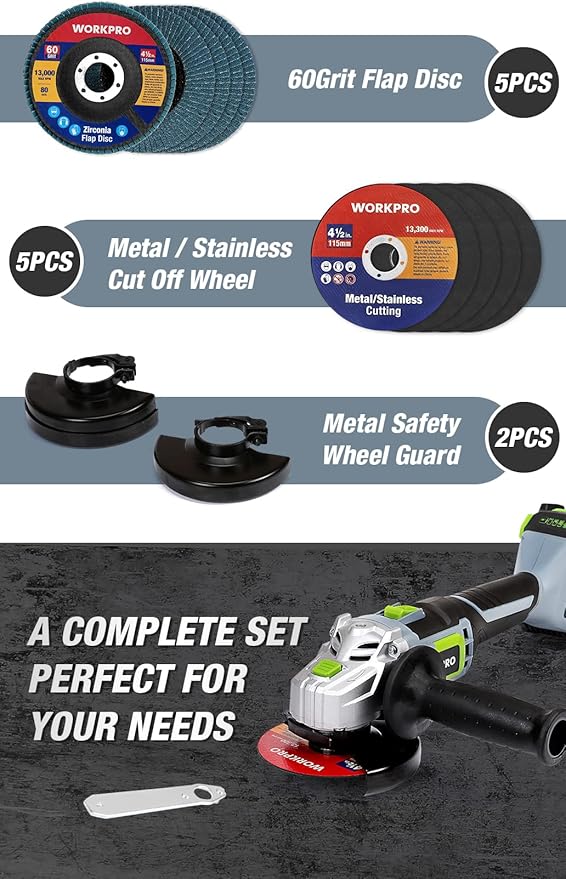 WORKPRO 20V Cordless Angle Grinder Kit, 4-1/2 Inch, Lightweight Angle Grinder Tool 4.0Ah Lithium-Ion Battery & Fast Charger, Ergonomic Button Position for Reducing Hand Pressure