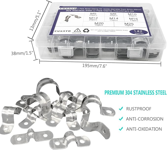 142 Pcs Pipe Strap Clamp Assortment Kit, 304 Stainless Steel 2 Holes Rigid Pipe Strap U Braket Tube Pipe Strap Clamp