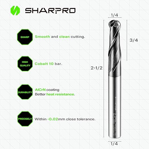 Carbide Ball Nose End Mills 2 Flute 1/4 Inch SHK. and Cutting Dia. 3D Carving, High-Speed and Deep Cutting, AlCrN Coated, Apply for Alloy Steel, Stainless Steel and Various Cast Iron. (3PCS)